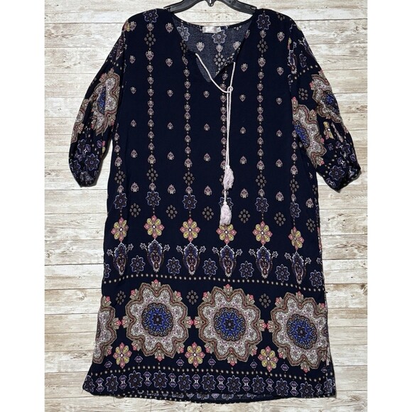 Halife Shift Dress Womens XL Half Sleeve Above Knee Lightweight Paisley Tie Neck - Picture 1 of 12